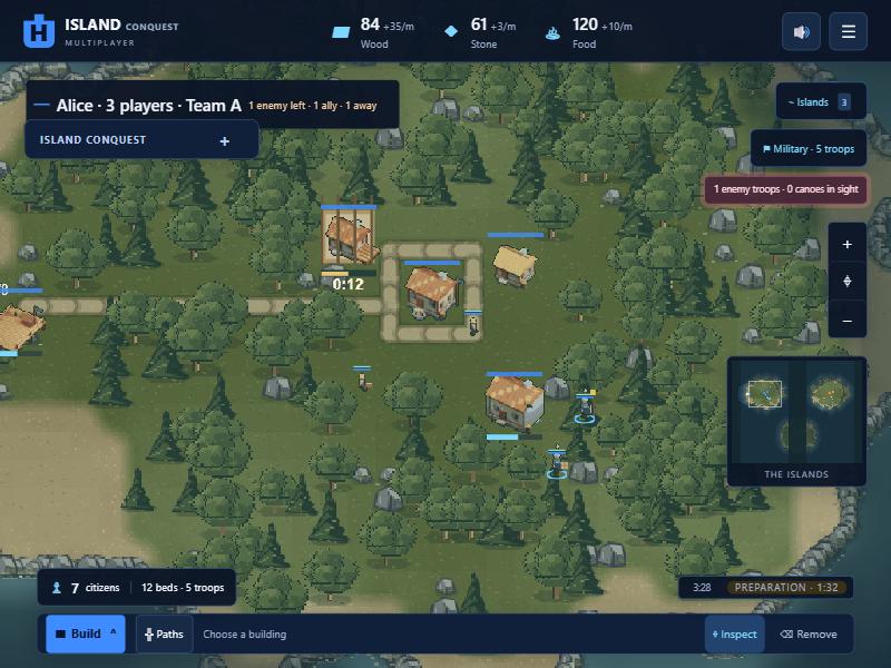 Your island in Island Conquest: stronghold, homes, paths and troops with the game's rendered models.